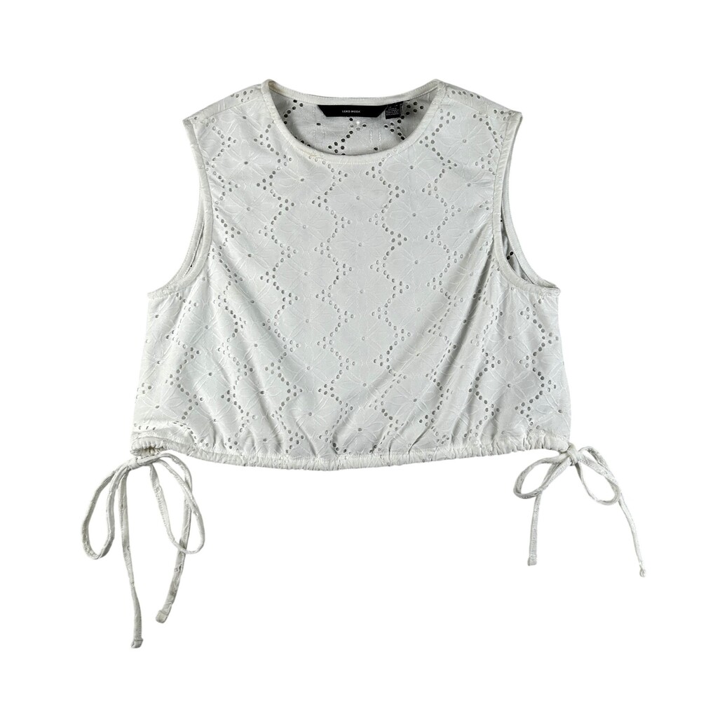 Vero Moda Tank Top Womens XS White Lace Crop Eyelet Drawstring Floral Sleeveless